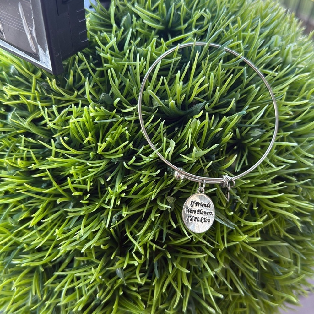 Silver Charm Bangle Bracelet, “If friends were flowers”, adjust, costume, used - Picture 2 of 5
